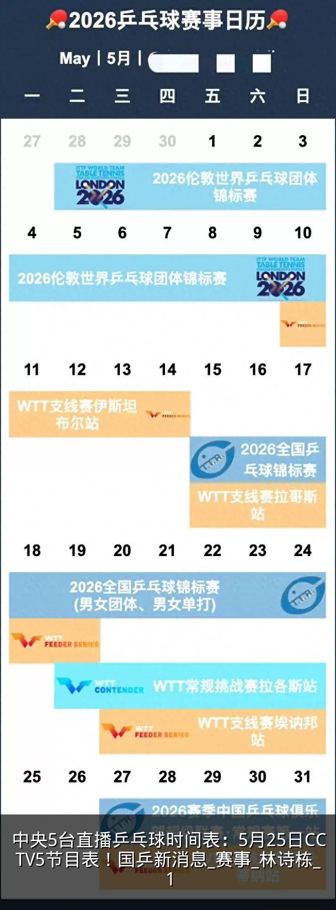 中央5台直播乒乓球时间表:5月25日CCTV5节目表!国乒新消息_赛事_林诗栋_1